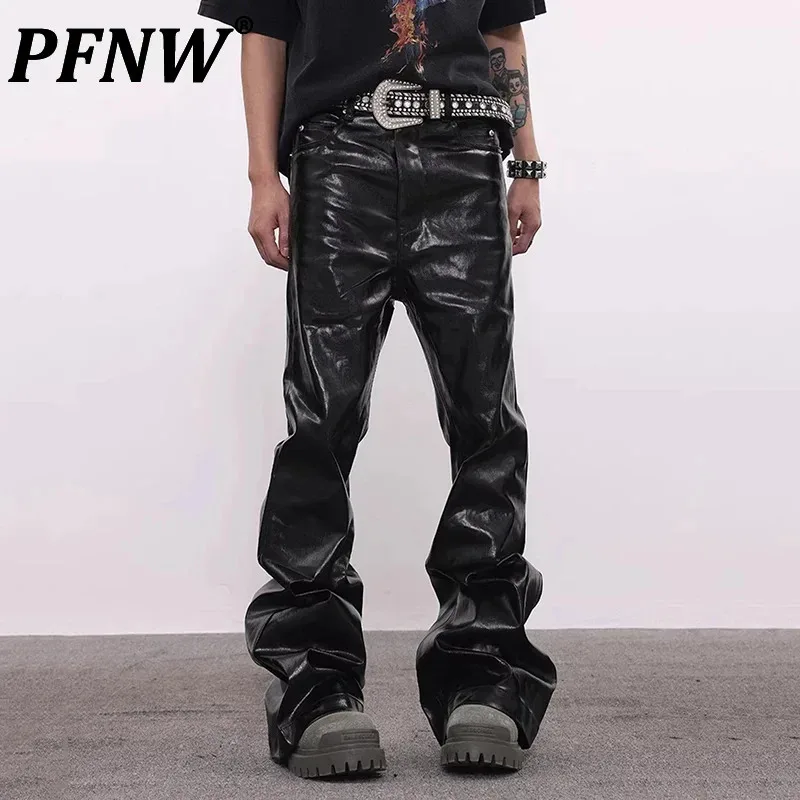 Men Casual Pants PU Leather Wax Loose Straight Solid Color Wide Leg 12C1014
