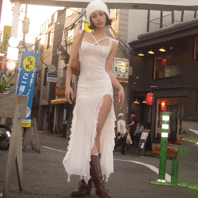 

Женское однотонное кружевное Прозрачное платье-макси с оборками и открытой спиной