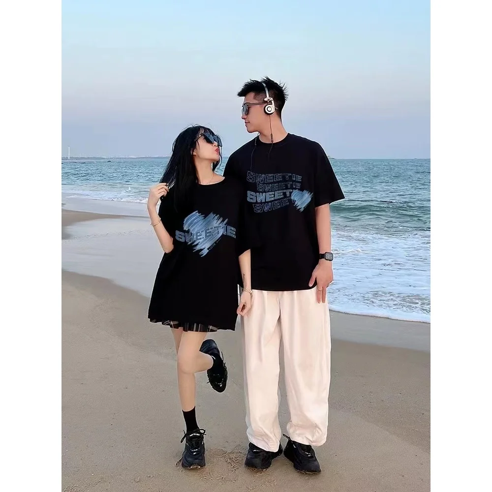 Korea Love Romantic Love Heart Couple T-shirt Summer 2025 New Korean