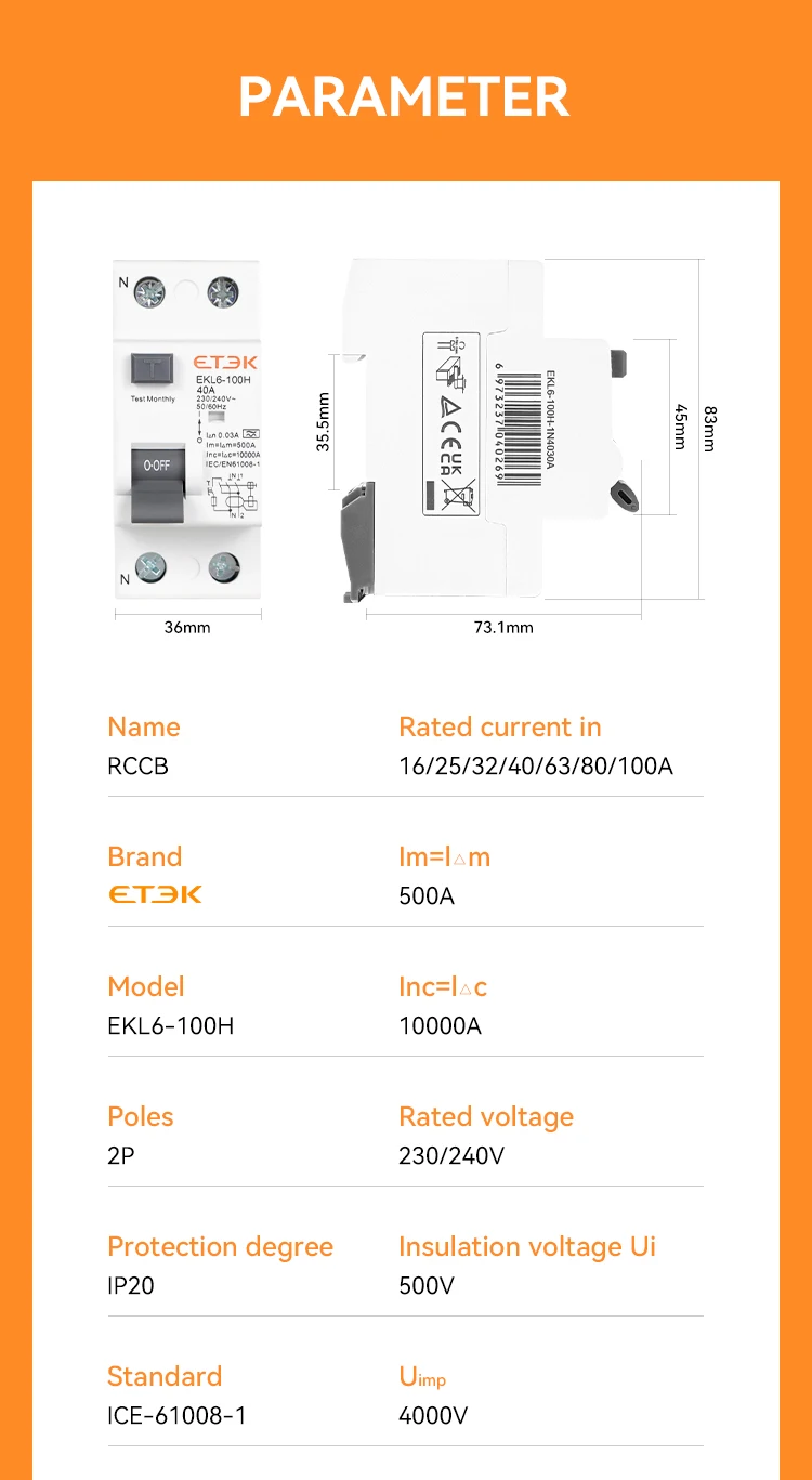 Etek rcd rccb tipo um interruptor de