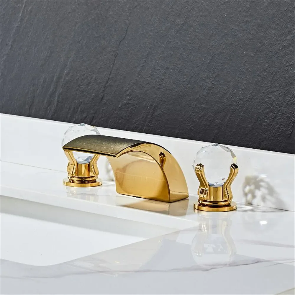 Description Picture 2 of itemGold Basin Faucet Brass Black Widespread Bathroom Crystal Sink Faucets 3 Hole Hot And Cold Waterfall Tap
