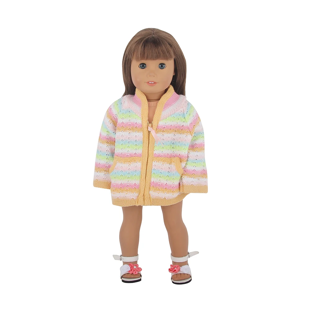 레인보우 컬러 스트라이프 울 인형 코트, 미국 인형, 귀여운 미니 옷, 및 OG 소녀 인형, DIY 장난감, 43cm , 18 인치