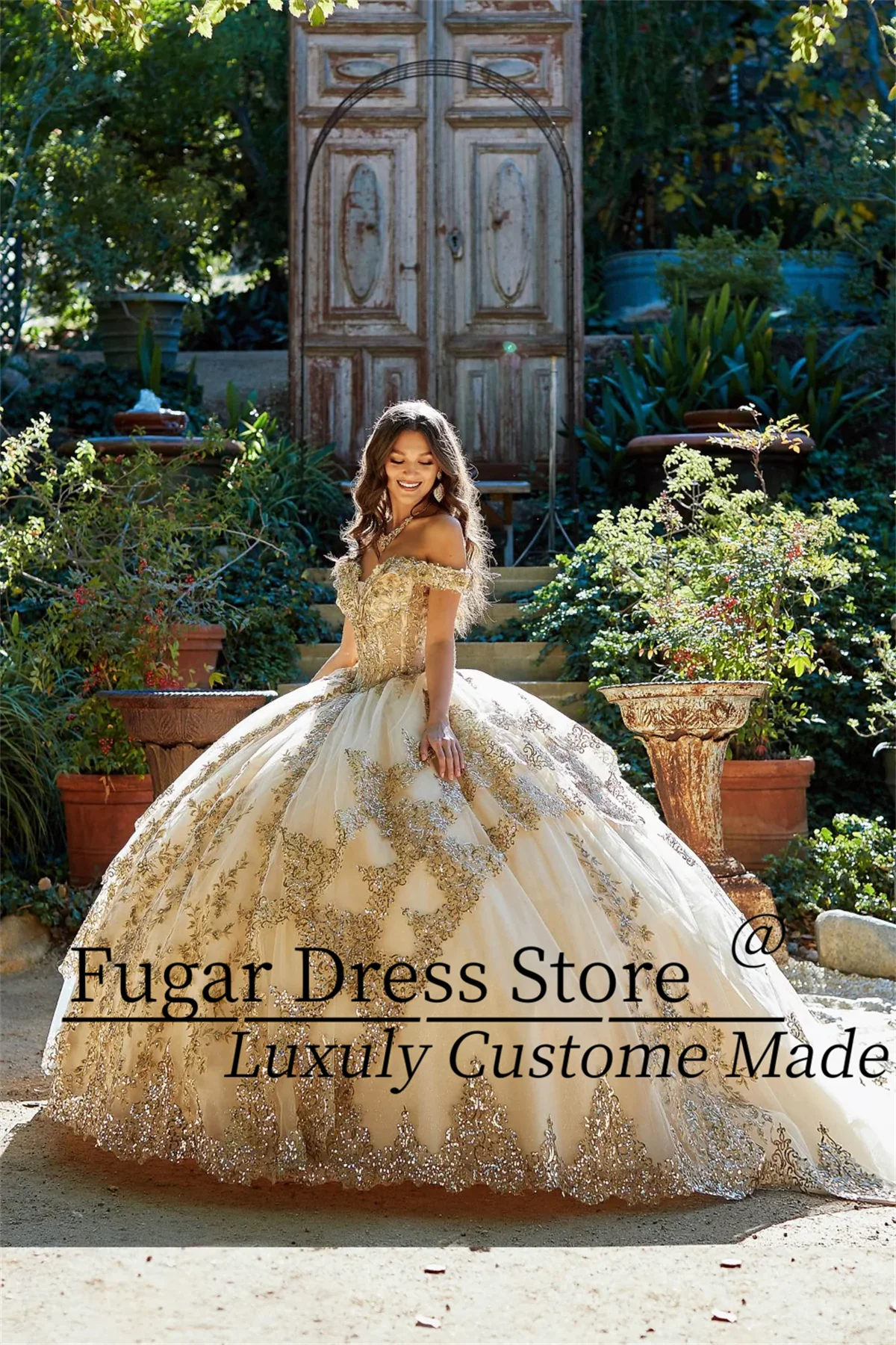 Quinceanera Dresses Birthday Party Prom Princess Ball Gown Lace Appliques Glitter Corset Vestidos De 15 Anos Gold Embroidered