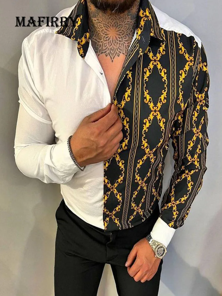 

Men Casual Patchwork Printing Long Sleeve Shirts Spring Autumn Daily Style Turn-Down Collar Male Tops Streetwear Dropshipping