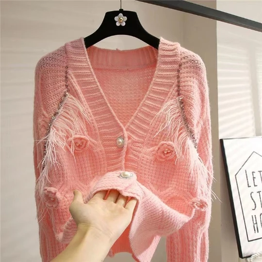 

Pink 3D Flower Japan Knitted Women Sweater Lady Cardigan Vest Woman Sweaters Female Jumpers Cardigan Jacket Spring Cloth Tops