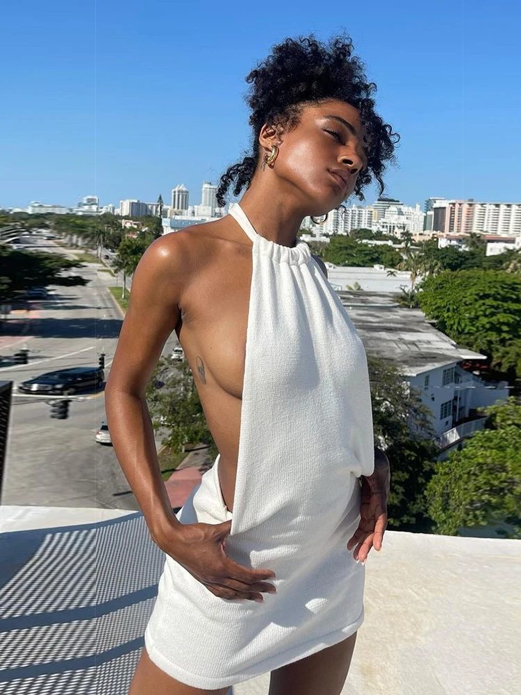 2025 Summer Dress For Women Knitting Halter Sleeveless Bodycon Mini Dresses Y2K Sexy Backless Boho Beach Dress Short