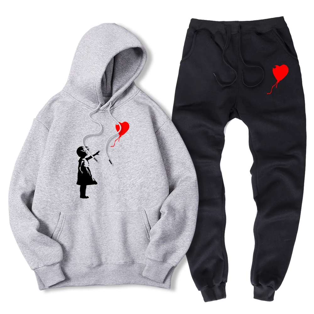

Alonline Art Balloon Girl Graffiti 2 Piece Sets Men Winter Warm Hoody + Pants Casual Sweatshirt + Sweatpant Sportswear Suit