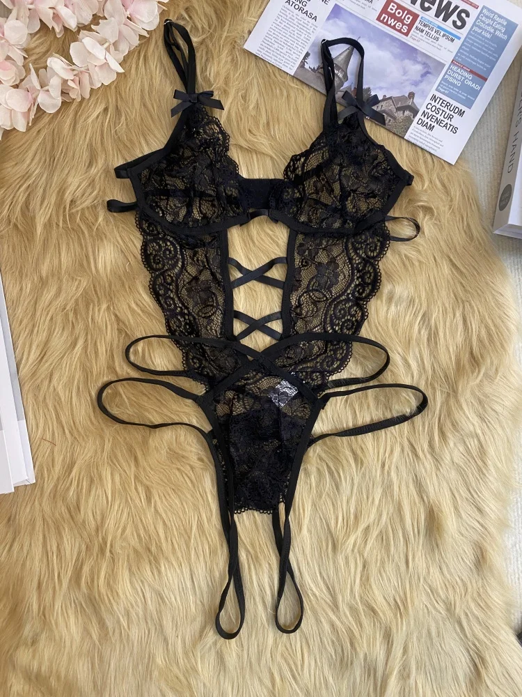 Sexy Lingerie Crotchless Red Sexy Lingerie Women Lace Hollow Bra Set Erotic Costumes Teddy Baby Doll Dress Deep V Open Bra Sexiest Bodysuits