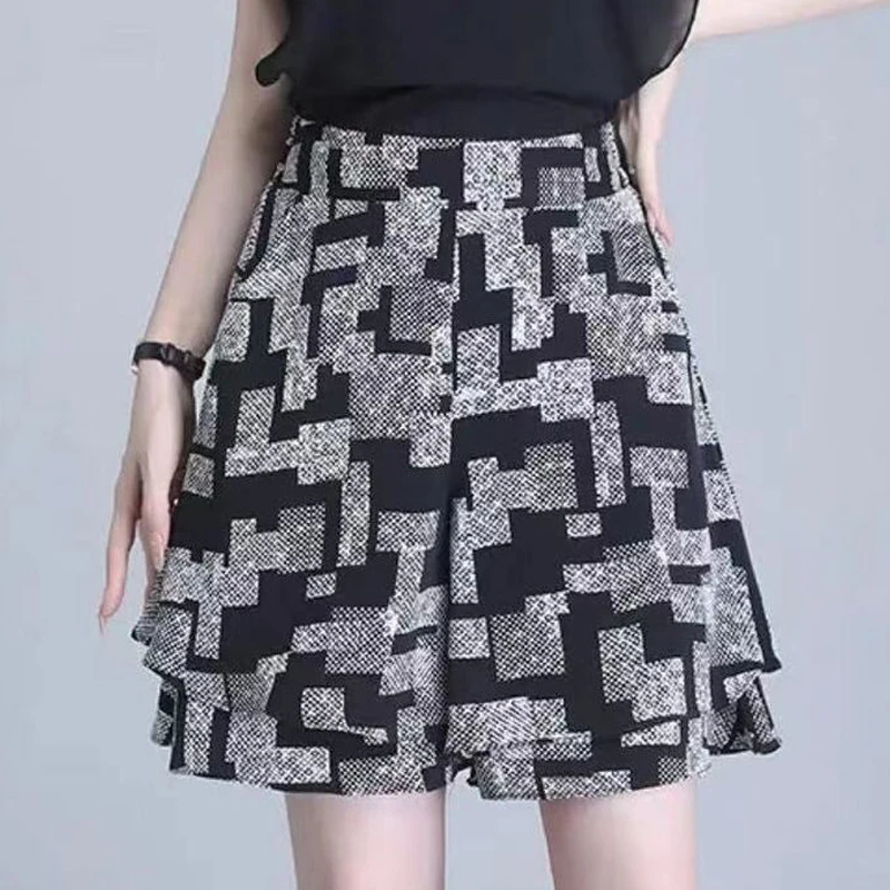 Women Korean Fashion Print High Waist Elegant Wide Leg Short Pants Summer Female Casual Loose Pocket Irregular Shorts Ropa Mujer