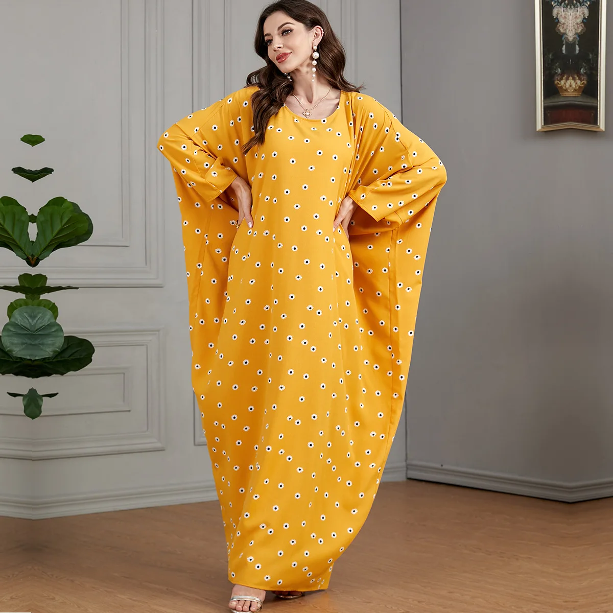 Eid Abayas for Muslim Women Homewear Floral Batwing Sleeve Maxi Size Saudi Turkish Islam Clothing Moroccan Arab Robe