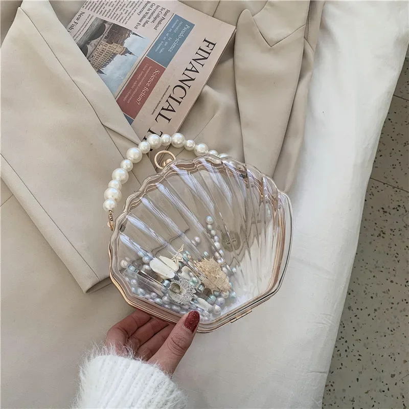 Pearl Chain Acrylic Clutch Bag - Transparent Shell Evening Purse for Women, Crossbody & Shoulder Strap Party/Wedding Accessory