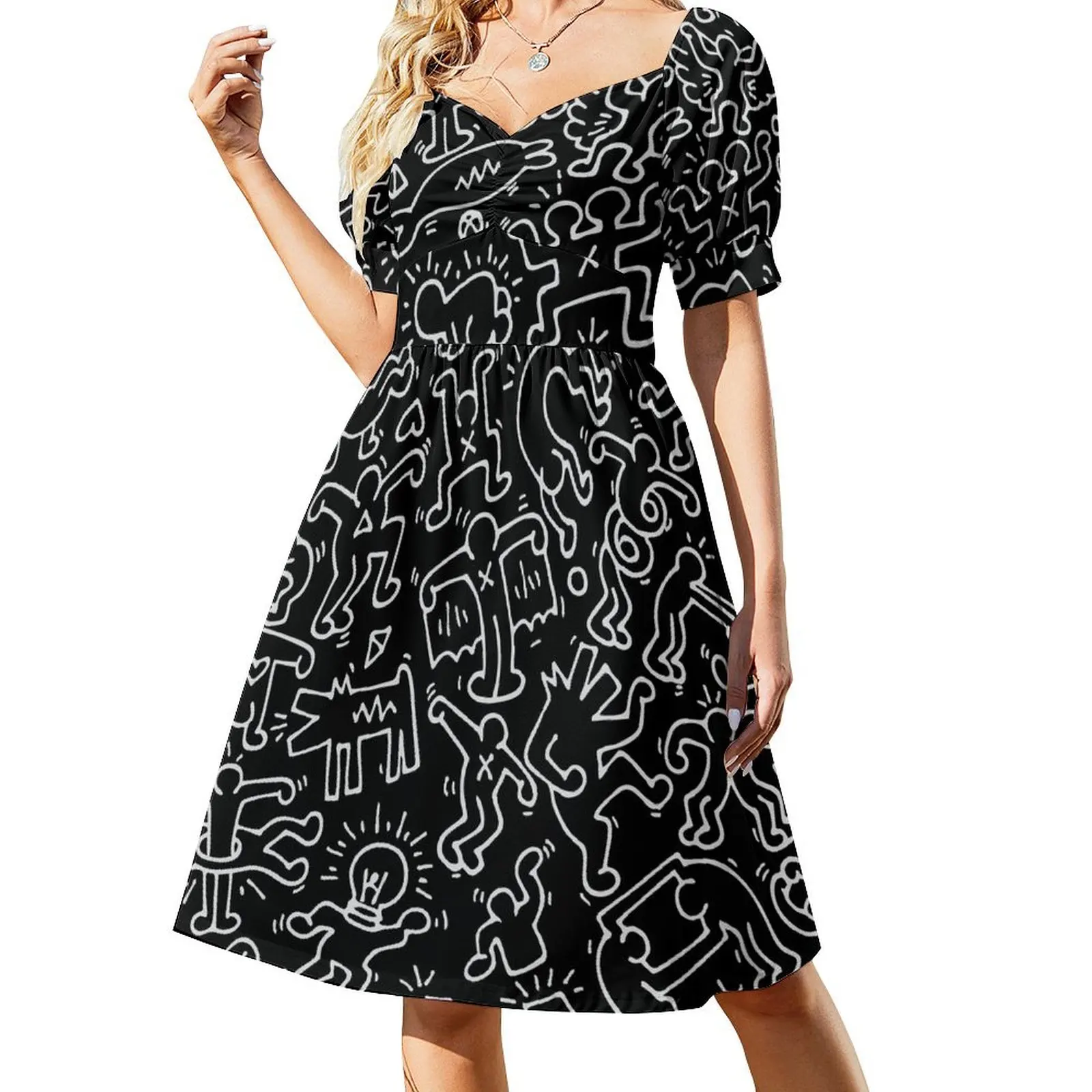 Baila en NEGRO Kieth DJ PERRO Haring ANIMAL Arte callejero Vestido de manga corta ropa para mujer Vestido