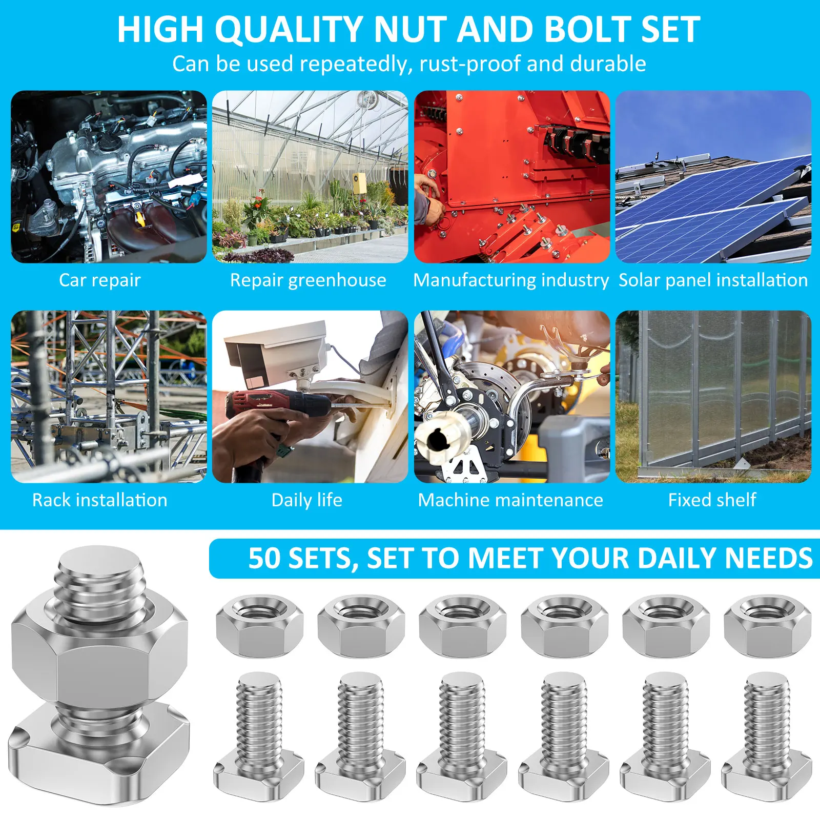 50Pcs Greenhouse Bolts Nuts Set Aluminum Bolts and Nuts Tool Accessory Set Sturdy Greenhouse Accessories for Supplies