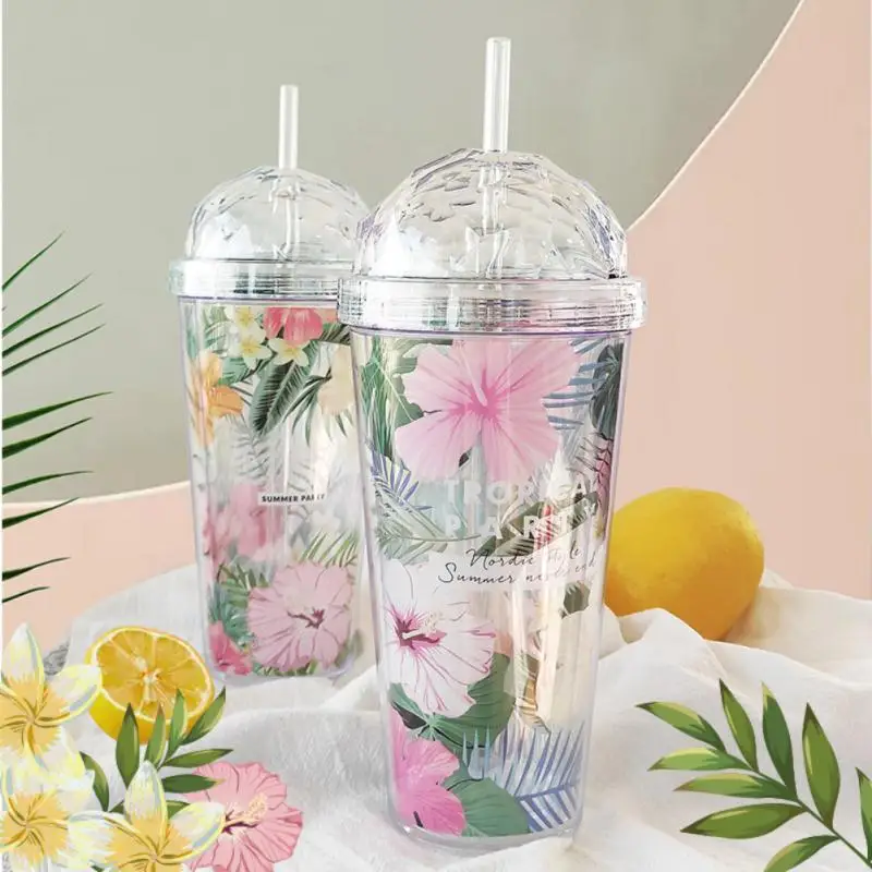 

Flower Double-layer Water Cup Reusable Clear Water Bottle Personalized Drink Tumbler Plastic Straw Cup Coffee Cup 420ML