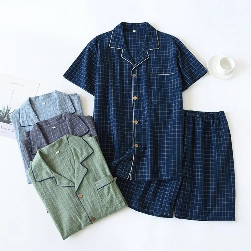 Spring Summer Men's Pajamas Short Sleeved Top and Pants Washed Cotton Simple Plaid Home Service Suit men pyjamas