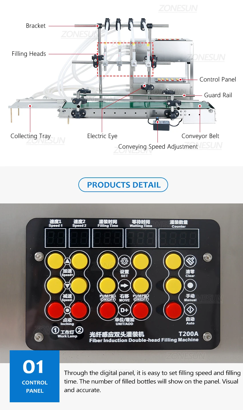 ZONESUN ZS-DTDP4G Automatic 4 Nozzles Diaphragm Pump Liquid Filling Machine With Conveyor