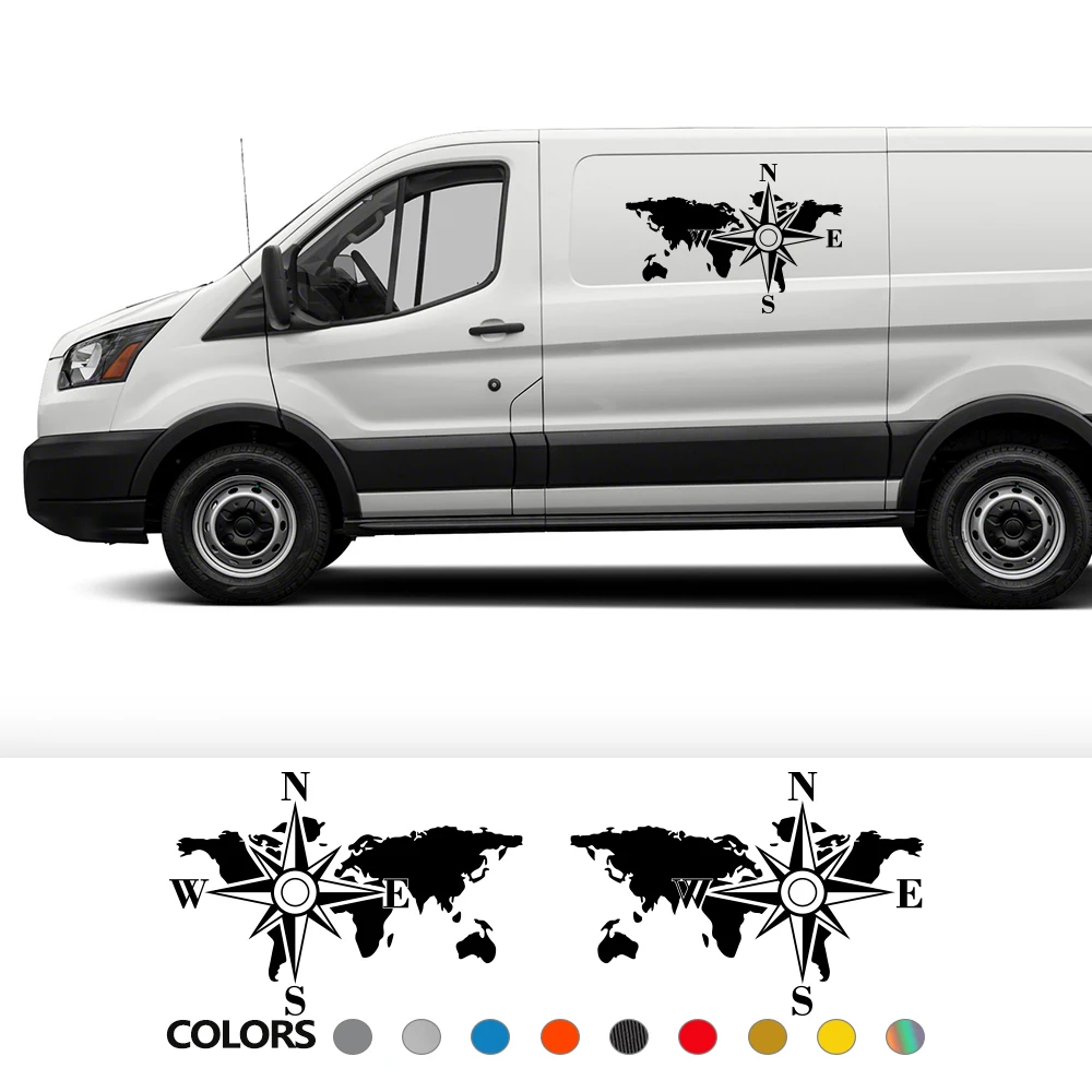 자동차 사이드 바디 스티커 그래픽 세계 지도 나침반 에디션 장식 데칼, 밴 SUV 캠퍼 RV 모터홈 카고 자동 DIY 비닐 커버 