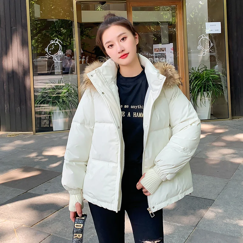 2023 Winter Big Fur Collar Hooded Jacket Women's Short Puffa Cotton Padded Parkas Coats Female Warm Overcoat Windproof Outwear