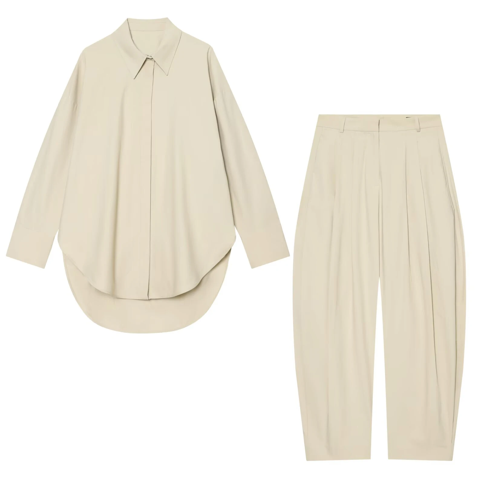 Sommerliches Damen-Set 2026: Neues Langarm-Hemd mit Revers und lockerer Passform, Mid-Waist-Freizeithose in Unifarbe mit Falten