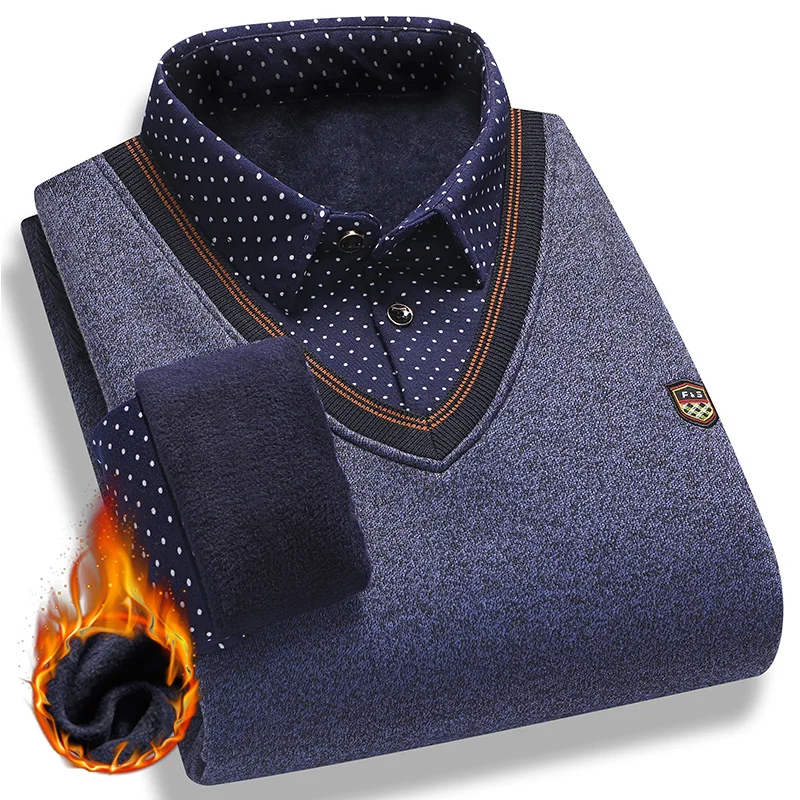 Men's Plush Sweater Autumn Winter Fake Two Piece Pullover Polo Shirt Collar Fleece Thick Warm Top Clothes Casual Jumpers 4