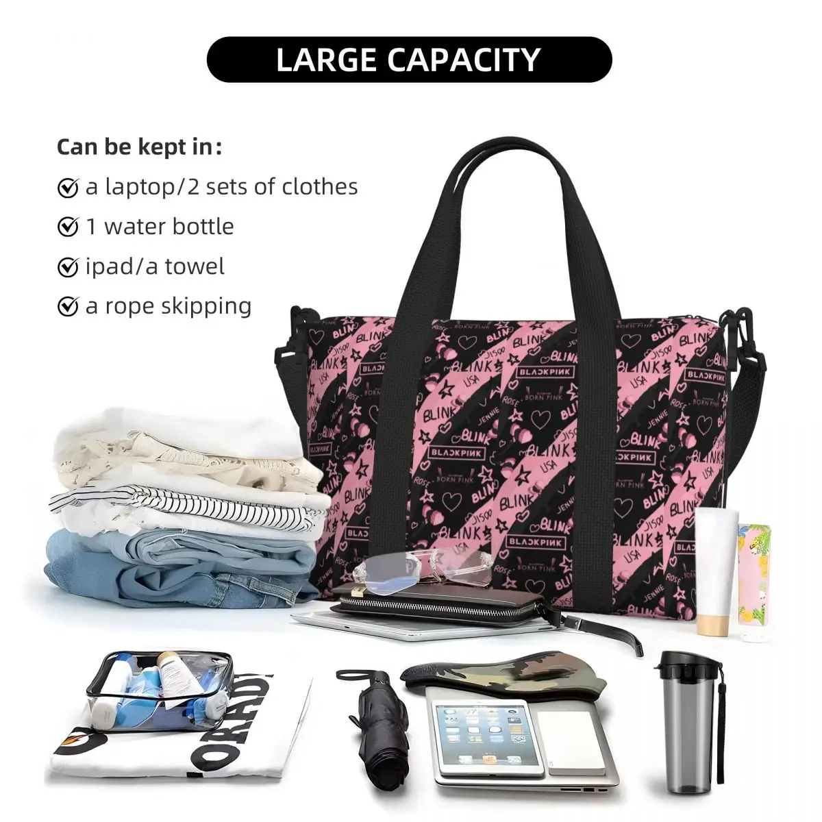 Travel Bags Kpop Bp Blacks Pinks Groceries Tote Shopping Bags Women Large Capacity Gym Beach Travel