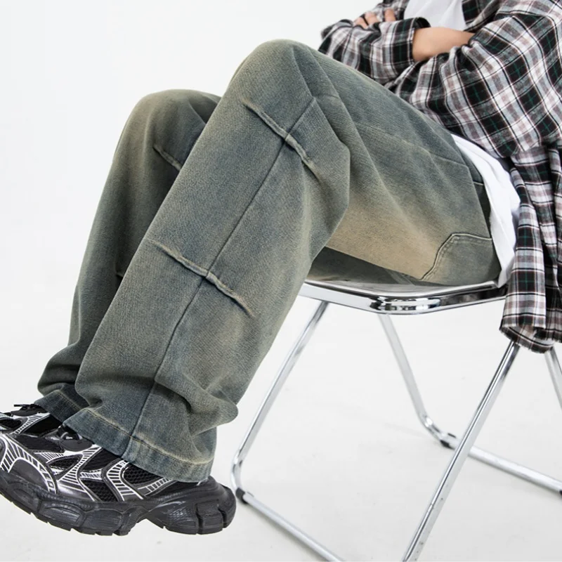 American Retro Washed Jeans Men's Leg Pleated Micro-Large Pants Casual Loose Straight Pants Soft Styles
