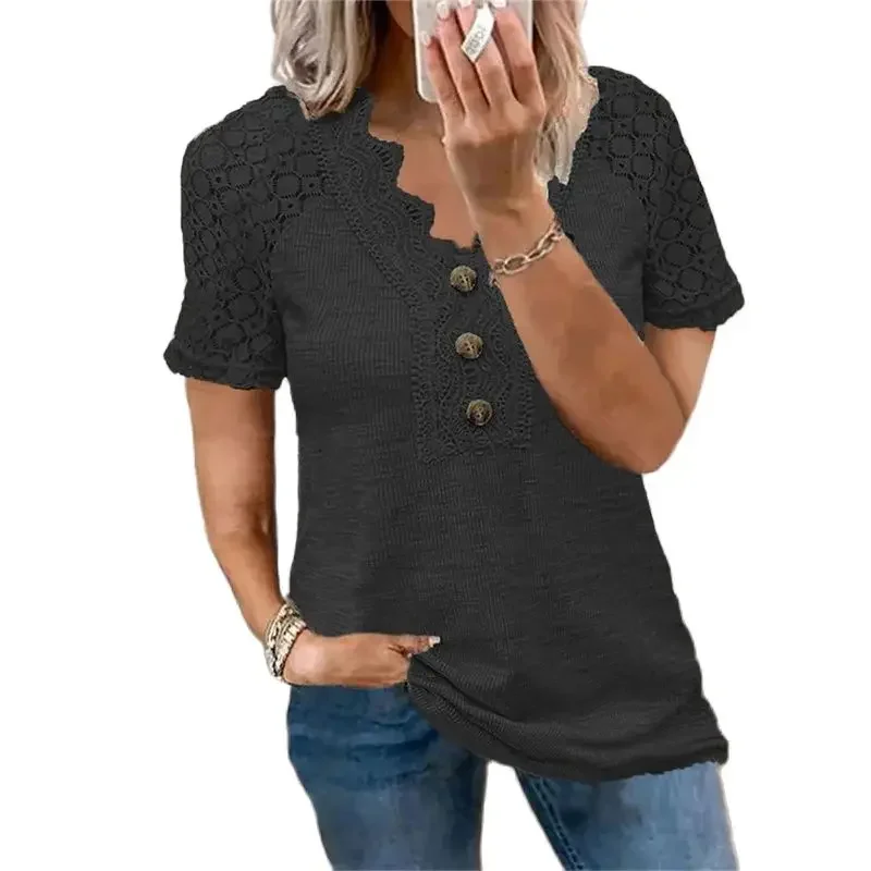 

2024 Elegant Hollow Out Lace V Neck Short Sleeve T-Shirt Women Three Buttons Decoration Tops Female Office Commuter Casual Tees