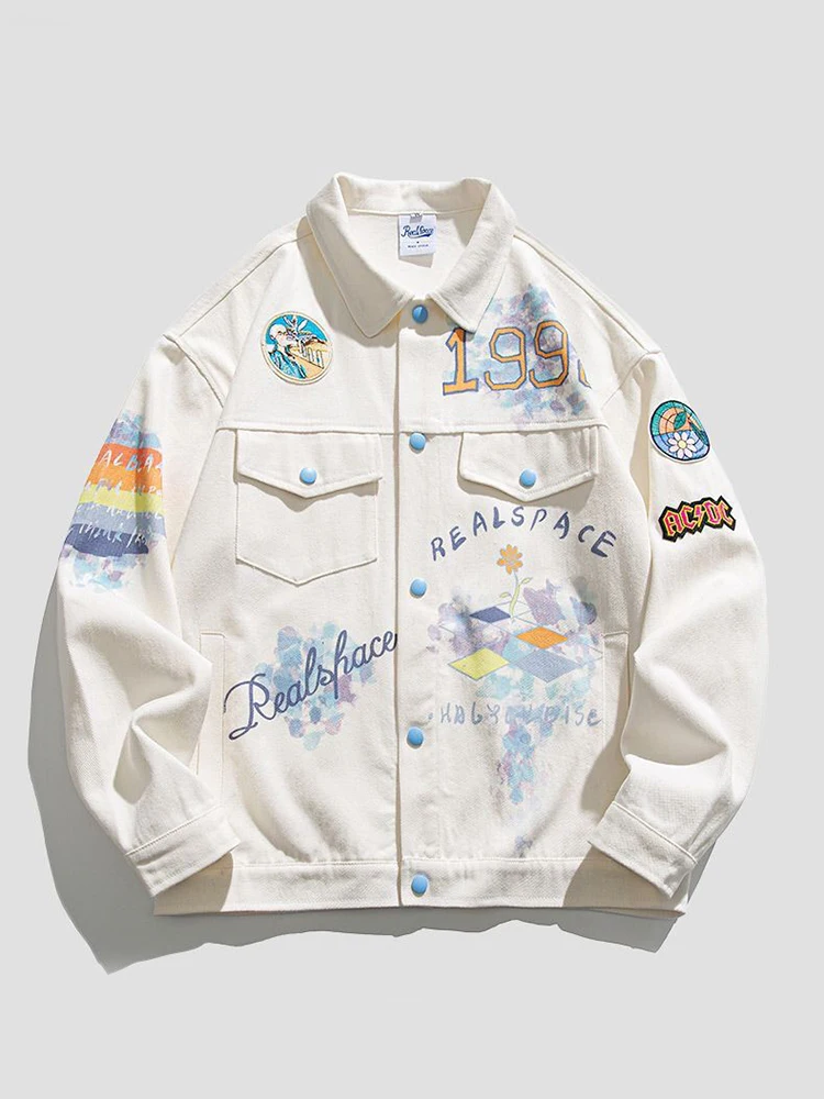 

Jmprs Harajuku Women Denim Jacket Fashion Graffiti Print White Jeans Coats Loose Y2K American Style 100% Cotton Outwear