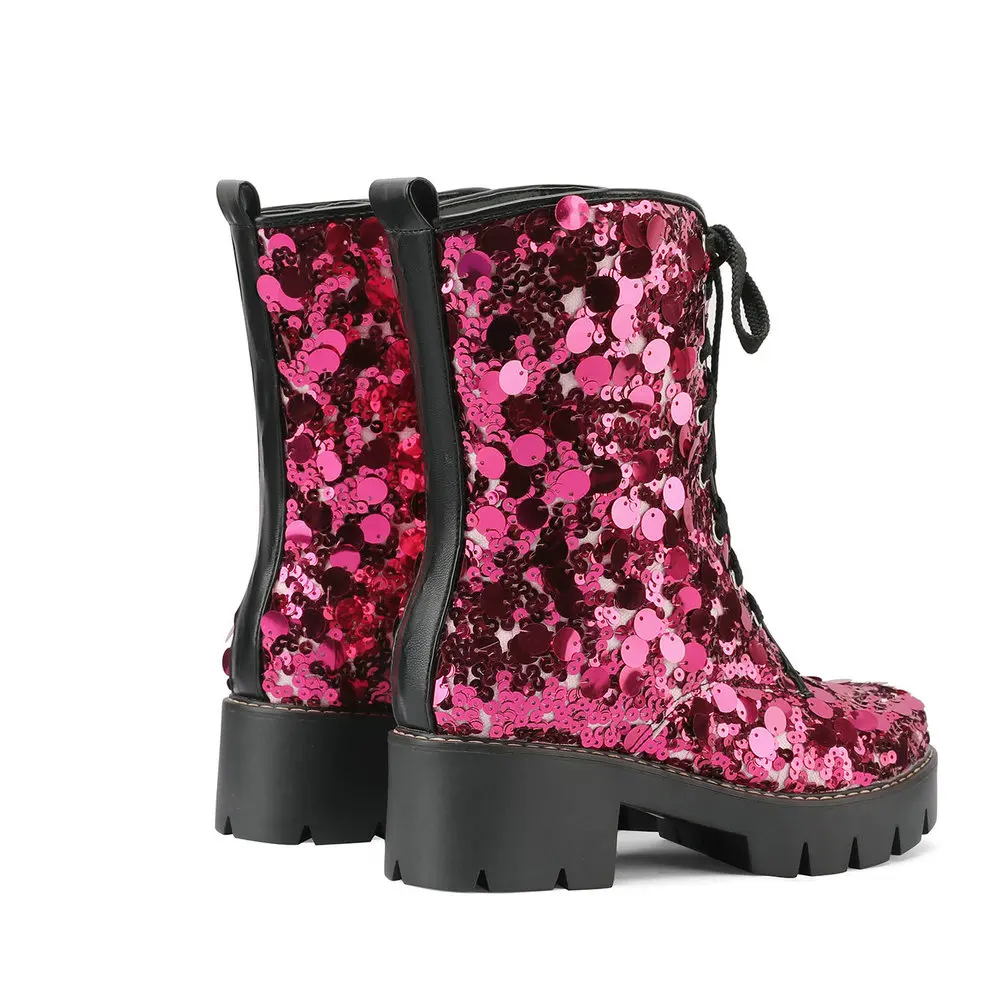 Sweet Lolita Women Mid Calf Boots Girls Lace Up Round Toe Bling Motorcycle Ridding Sequin Booties Thick Chunky Heel Dropship