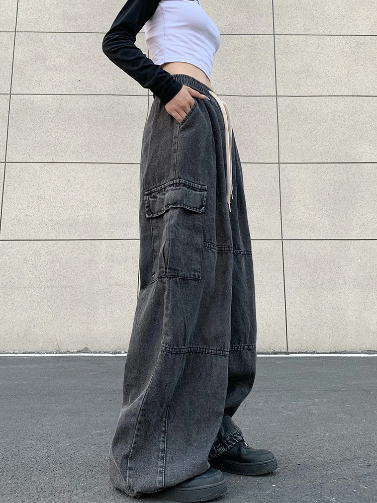Unisex HipHop Toweling Loose Jeans Elastic Waist Wide Leg Denim Pants Harajuku Pocket Baggy Cargo Jeans Soft Trousers Streetwear