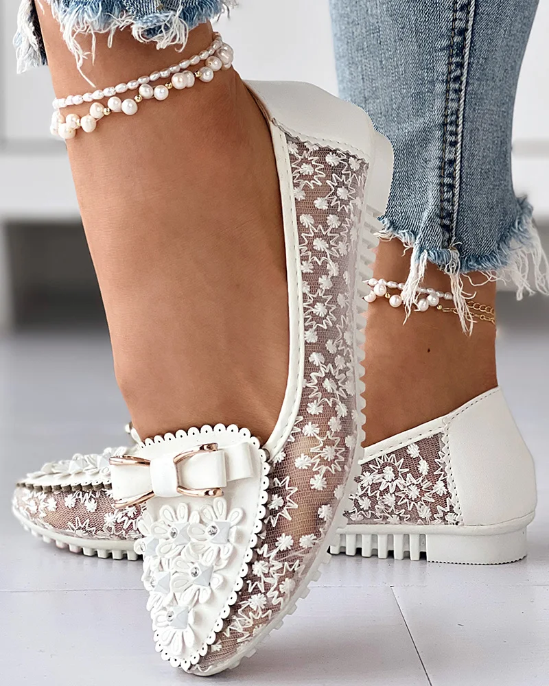 

Women Shoes Fashion Casual Summer Solid Color Sneakers Floral Embroidery Bowknot Decor Work Loafers