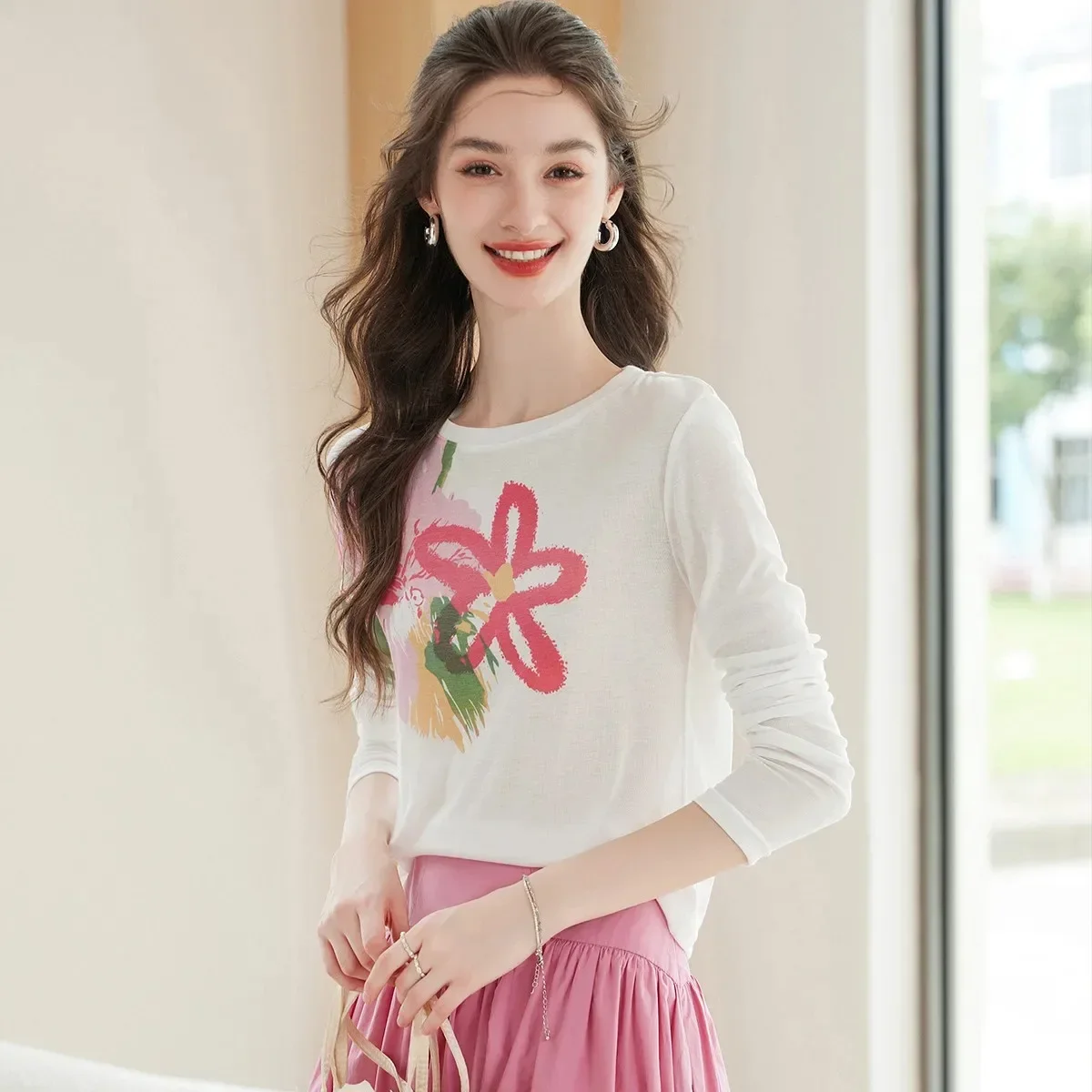 LOUIS YAO T-shirt da donna girocollo in colore a contrasto 2025 Autunno dolce lavorato a maglia a maniche lunghe Tees Chic Street Wear Top per le donne 3