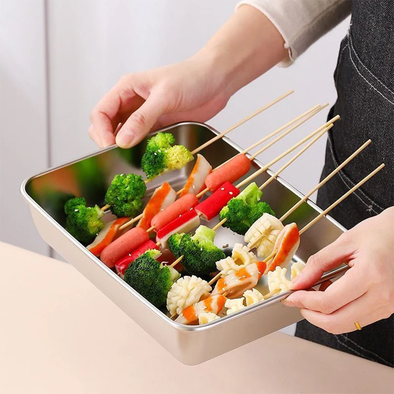 1Pc Stainless Steel Square Plate Preservation Box with Lid Kitchen Steam Fish BBQ Grill Pan Cold Dish Fruit Plate Serving Tray