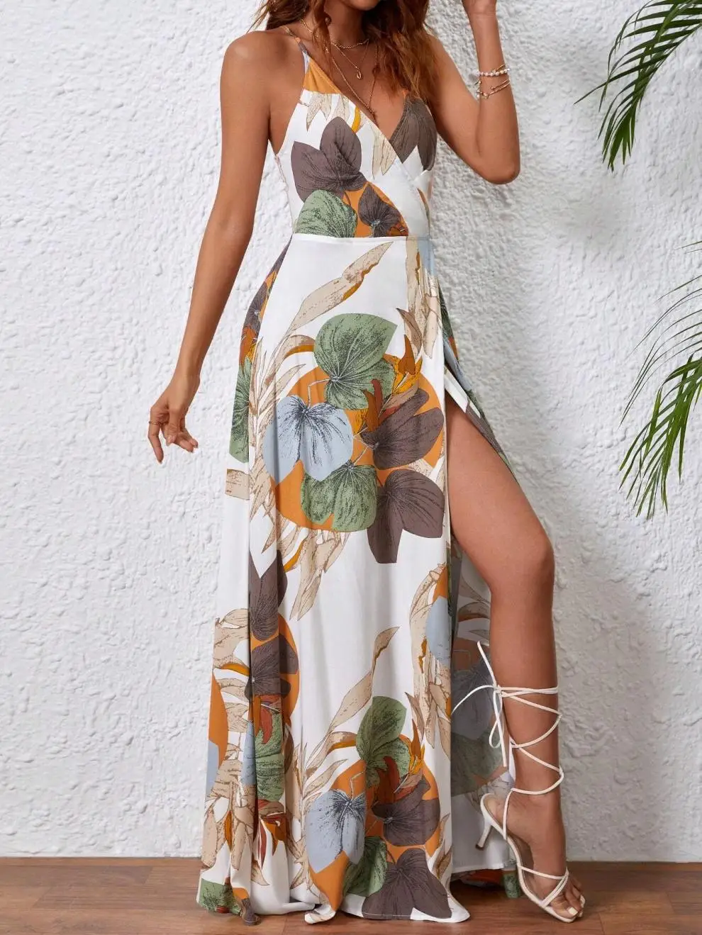 Fashion Flower Print Spaghetti Strap Dresses Women Sexy V-neck Backless Slit Long Dress Bohemian Style Vacation Beach Vestidos