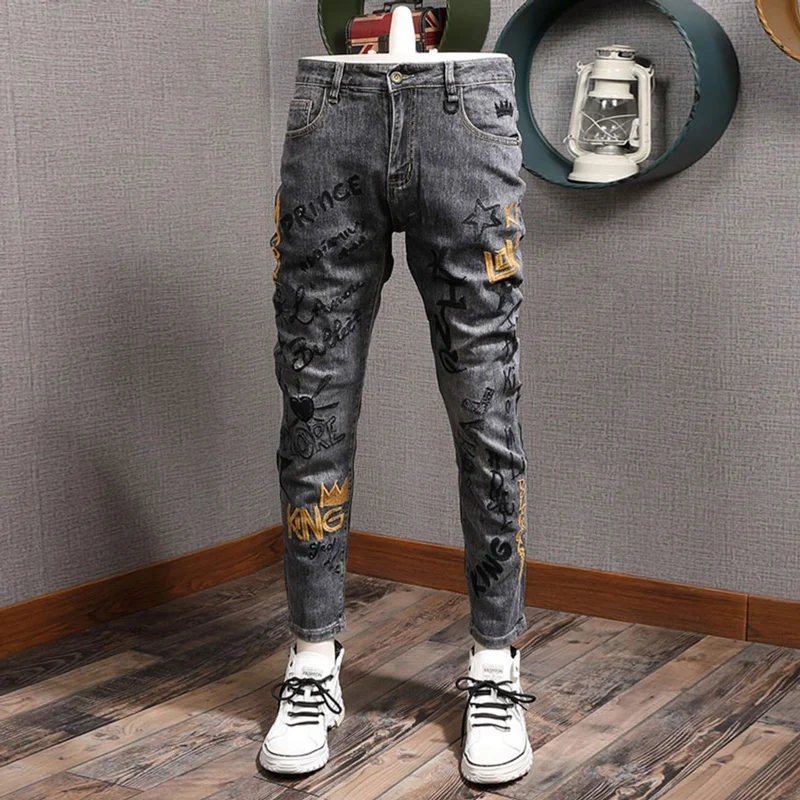 Fashion Streetwear Men Jeans Retro Black Gray Elastic Slim Fit Ripped Jeans Men Embroidery