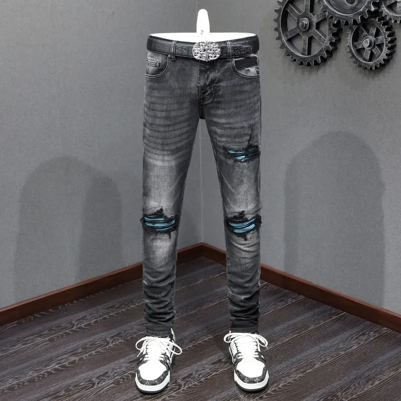 Streetwear Fashion Men Jeans Retro Black Gray Stretch Skinny Fit Ripped Jeans Men Leather Patched Designer Hip Hop Brand Pants