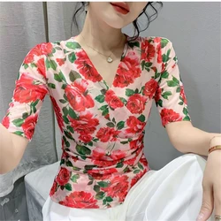 Women's Clothing Ruched Sexy Sheer Mesh V-neck Elegant Basic T-shirt Spring Summer Fashion V Neck Tie Dye Floral Print Slim Tops