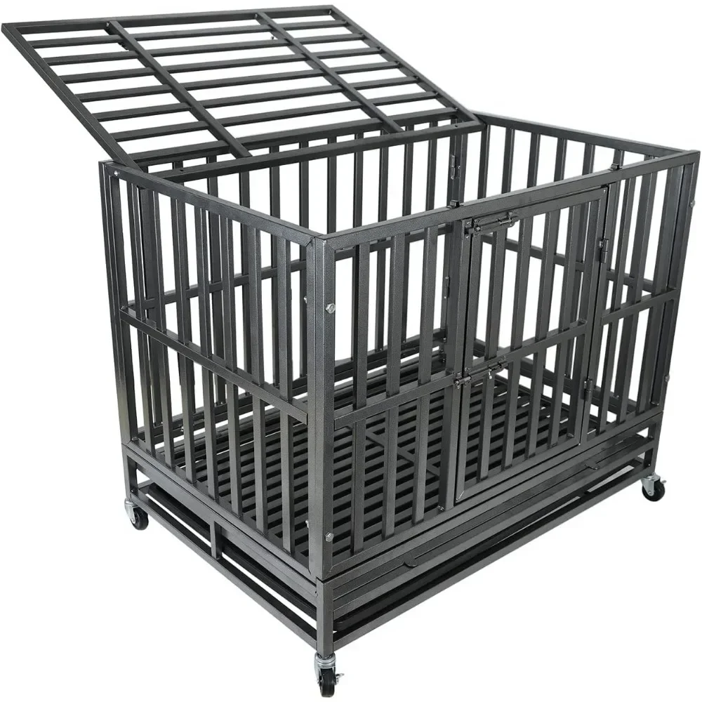 

47 Inch Heavy-duty Metal Dog Cage with Lockable Wheels and Double Doors, Suitable for Medium To Large Dogs