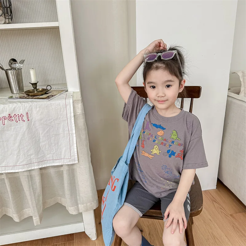 Girls Cute Full Print Pullover Undershirt Cotton Tops For Boys Soft Tee Children Cartoon High Quality Boutique Versatile T-shirt