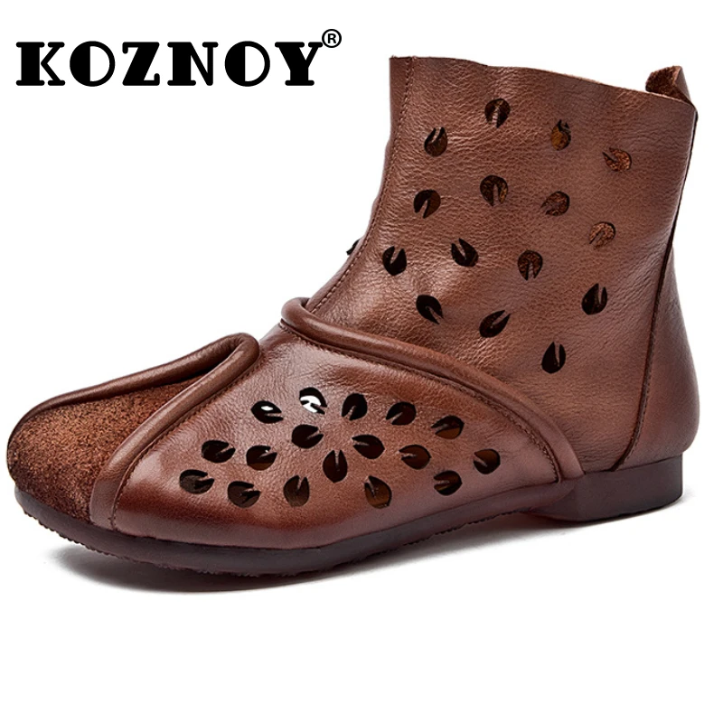 

Koznoy 1.5cm Women Boots Chunky Heels ZIP Sandals Natural Genuine Leather Breathable Rubber Soled Summer Lady Hollow Ankle Shoes