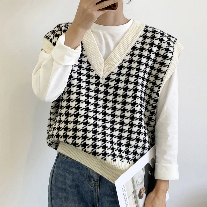 Eleganter Hahnentrittmuster-Pullover mit lockerem Strick, Herbst, V-Ausschnitt, ärmellos, dick, lässig, für Damen, schicke Tops_voghion.com