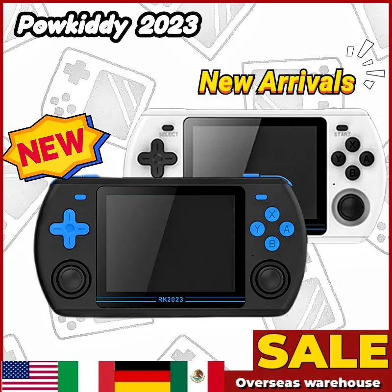 2023 POWKIDDY RK2023 RK3566 칩 레트로 듀얼 스피커 스테레오 휴대용 비디오 게임 콘솔, 3.5 인치 4:3 IPS 스크린 게임 박스, 신제품