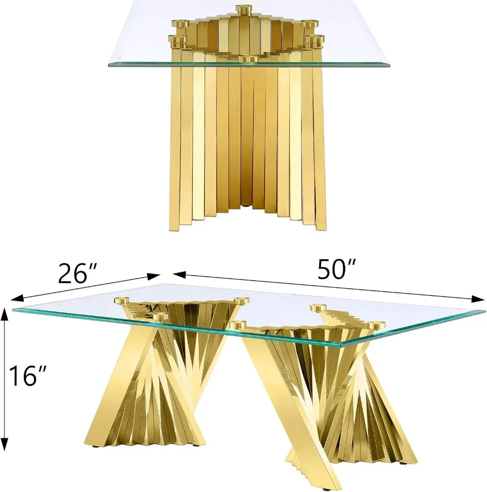 50 inch Gold and Clear Glass Coffee Table for Living Room with Gorgeous Polished Stainless Steel Base, Café Tables 2