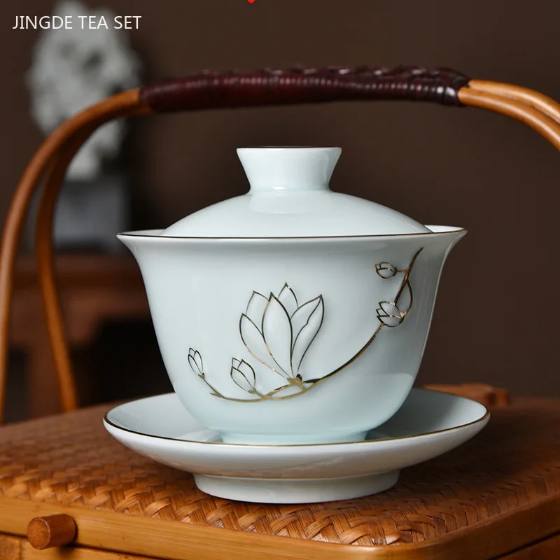 Chinese Celadon Teapot Traditional Handmade Ceramic Gaiwan Teacup Home Beauty Tea Infuser Custom Tea Ceremony Accessories