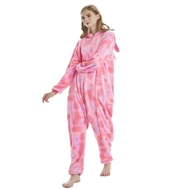 Pink Sleep Jumpsuit Woman Onesie Adults Pyjama Animal Plush Winter Warm Hooded Kigurumi Unicorn Pajamas Star Print Christmas Pjs 2