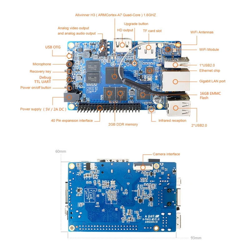 ǰ Orange Pi Plus 2E Allwinner H3 ARM Cortex-A7  ھ 2GB DDR3 ޸ ⰡƮ ̴ Ʈ  