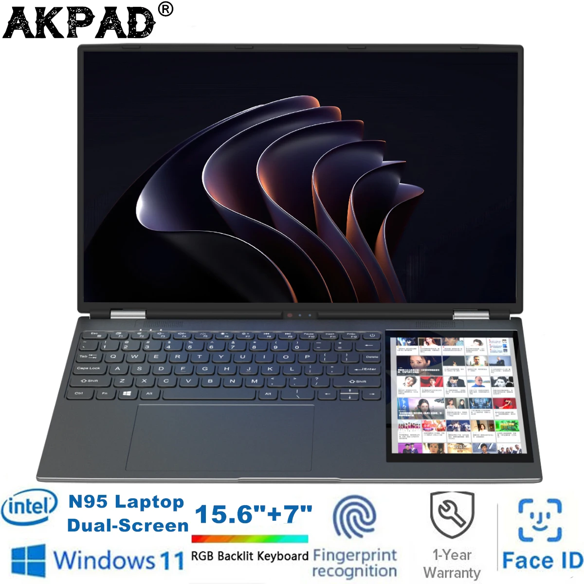 AKPAD 15.6"+7" Dual Screen Laptop Computer, Intel 12th N95 32GB/16GB DDR4 RAM, RGB Backlit Keyboard 7" Touch Screen Notebook PC 1