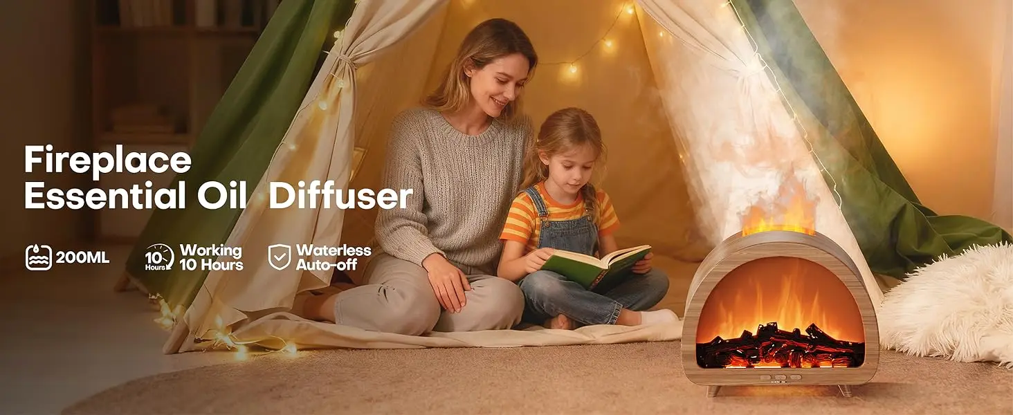 Le texte indique « Diffuseur d'huiles essentielles pour cheminée ». Image marketing du produit montrant un diffuseur de type foyer électrique avec une lumière chaude et un effet de brume.