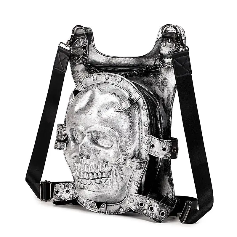 thumbnail image 1 of Mochila con remaches personalizada con cabeza de calavera dorada tridimensional original, tendencia de moda europea y americana, mochila para mujer, 1 of 5