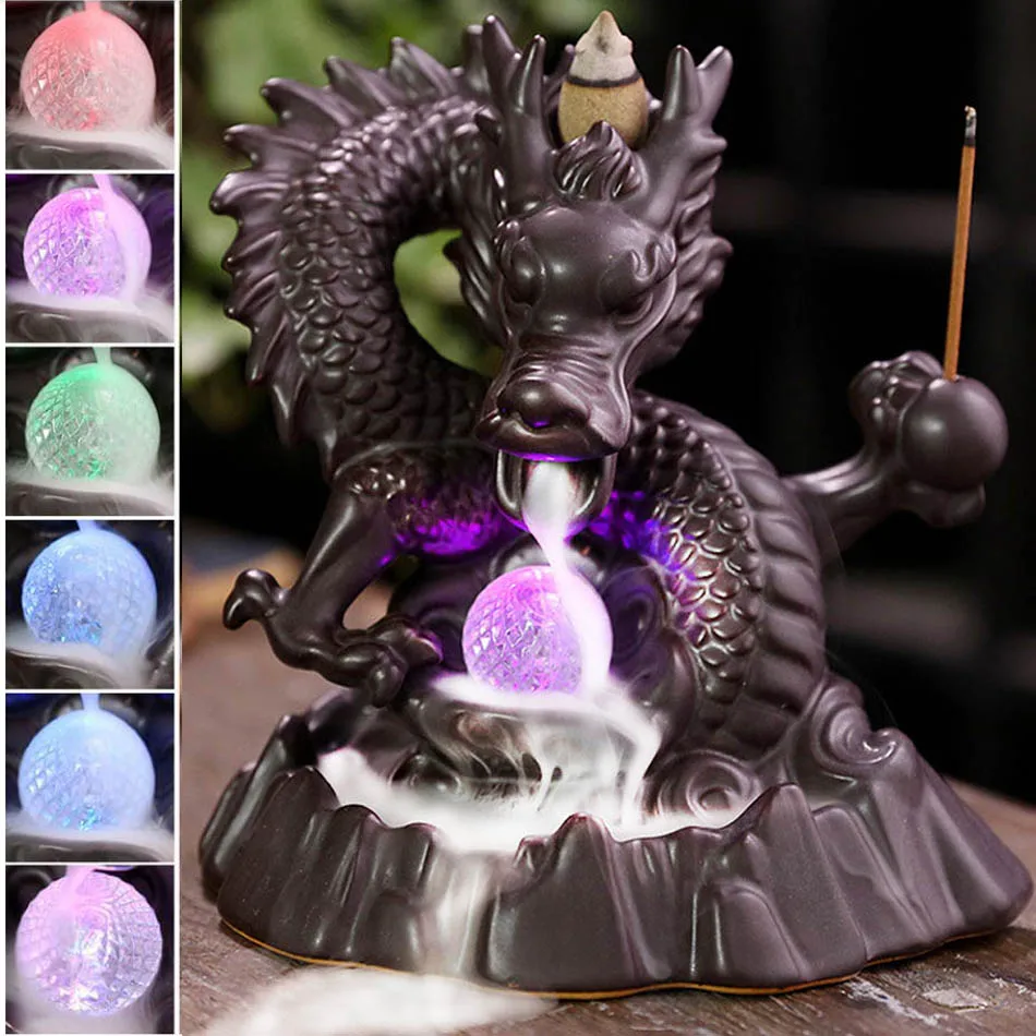 7 color Crystal ball Dragon Incense Burner Ceramic Backflow ncense